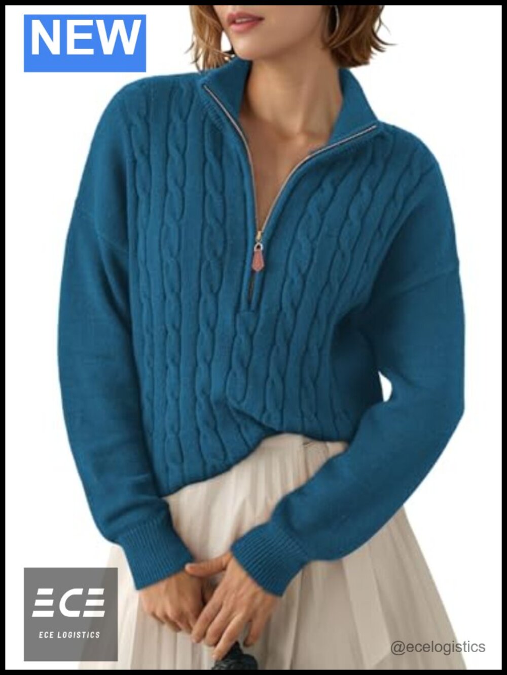 Women's Quarter Zip Ribbed Cable Knit Pullover Sweater V-Neck Fall Winter